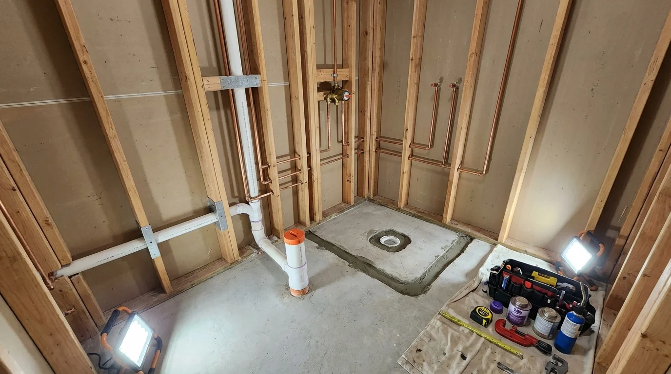 Bathroom rough-in plumbing during remodel by Johns Plumbing LLC in New Columbia