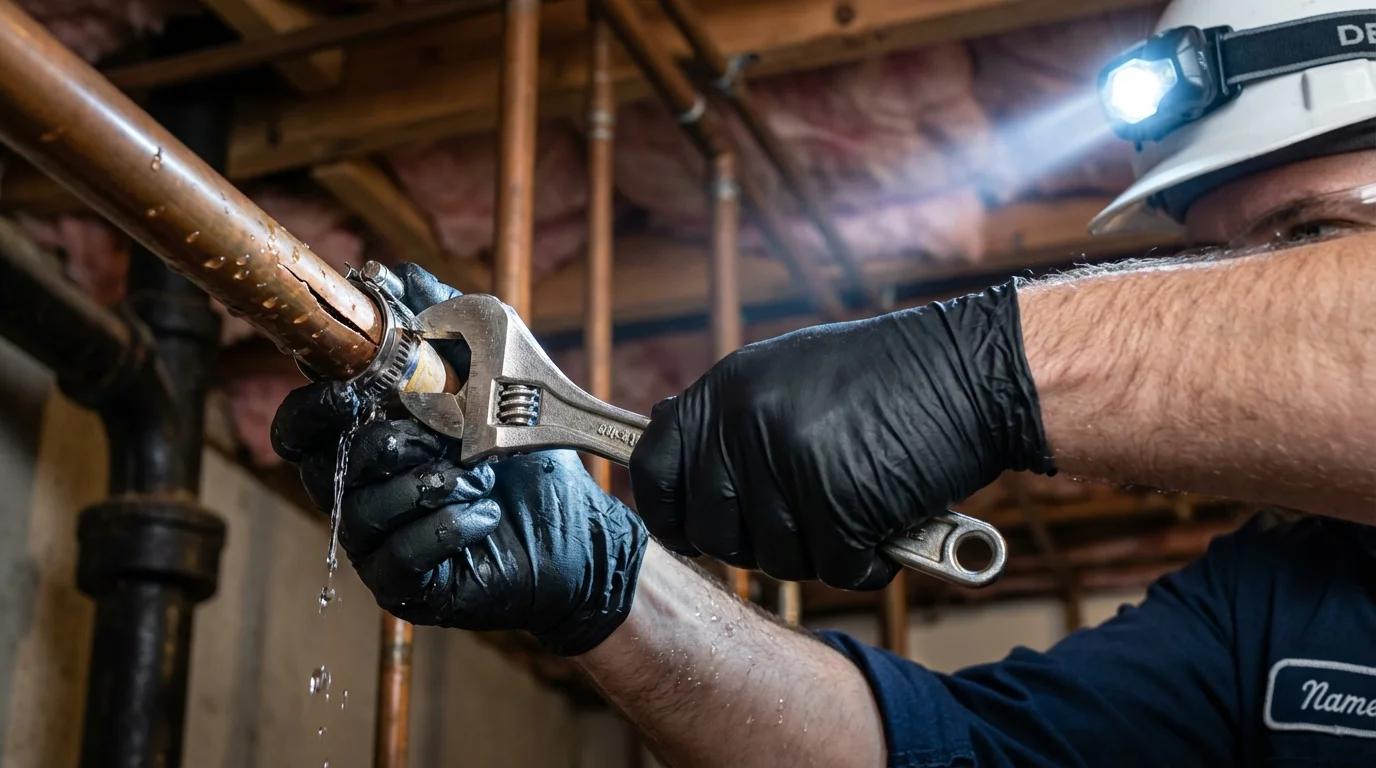 Emergency pipe clamp repair being performed by a Johns Plumbing LLC plumber in New Columbia