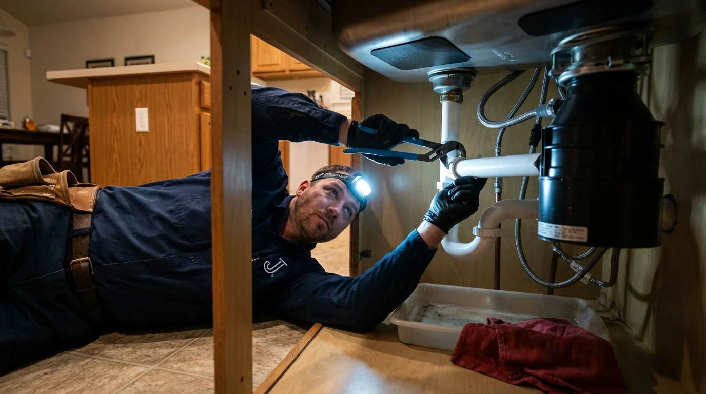 P-trap and supply line connections under a kitchen sink showing a common leak point in New Columbia, PA